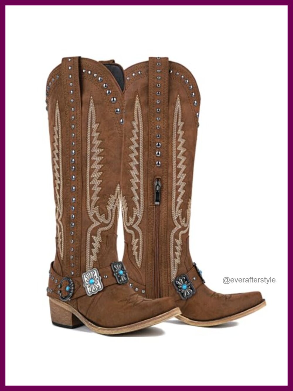 Knee High Western Cowboy Boots Embroidery Belt Buckle Chains Leather